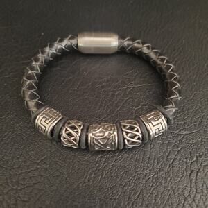 Viking Ragnar‎ Unisex Men's Bracelet Black Braided Leather Silver Tone Symbols
